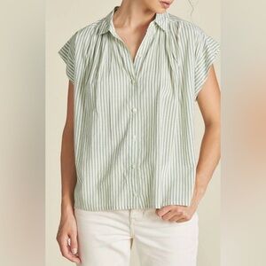 Trovata Birds of Paradis Della green white striped short sleeve blouse top s